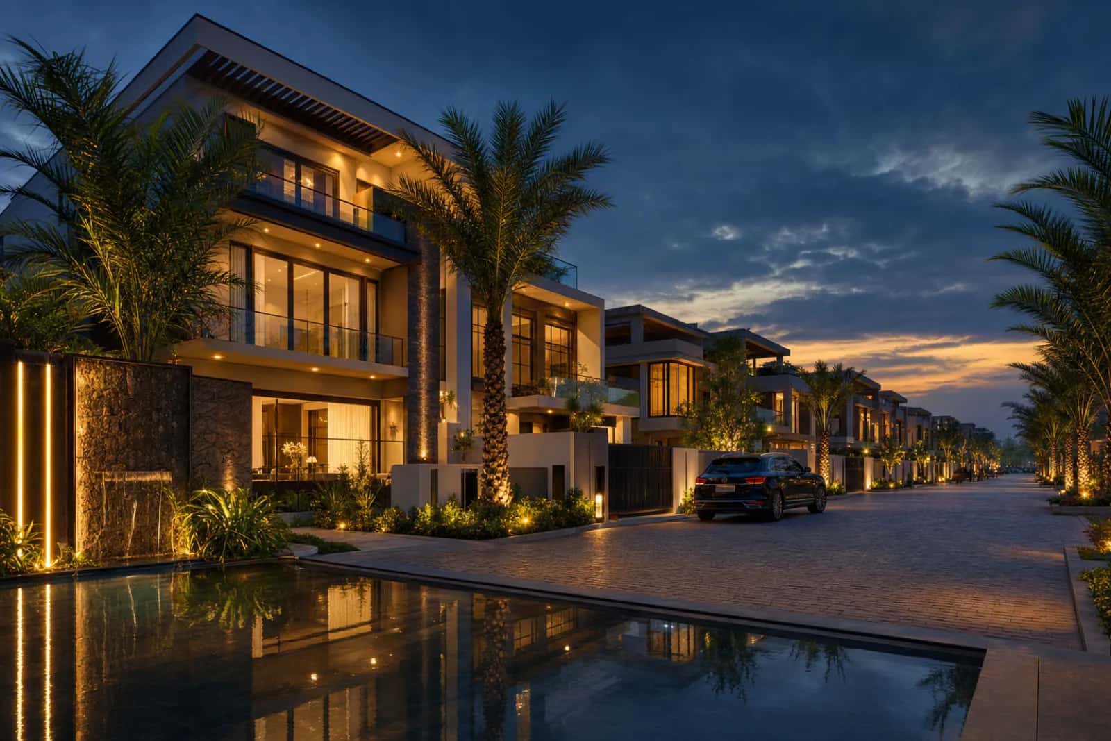 Luxury gated villas at dusk — Altair Real Estate, New Town Kolkata