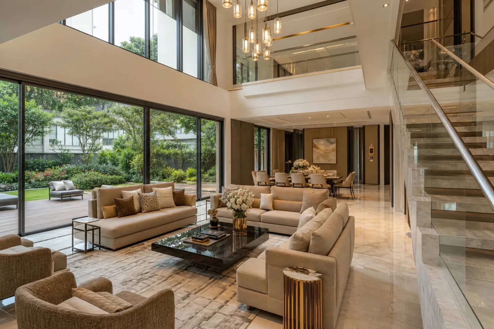 Premium villa interior — open-plan living with garden views at 24 East Avenue